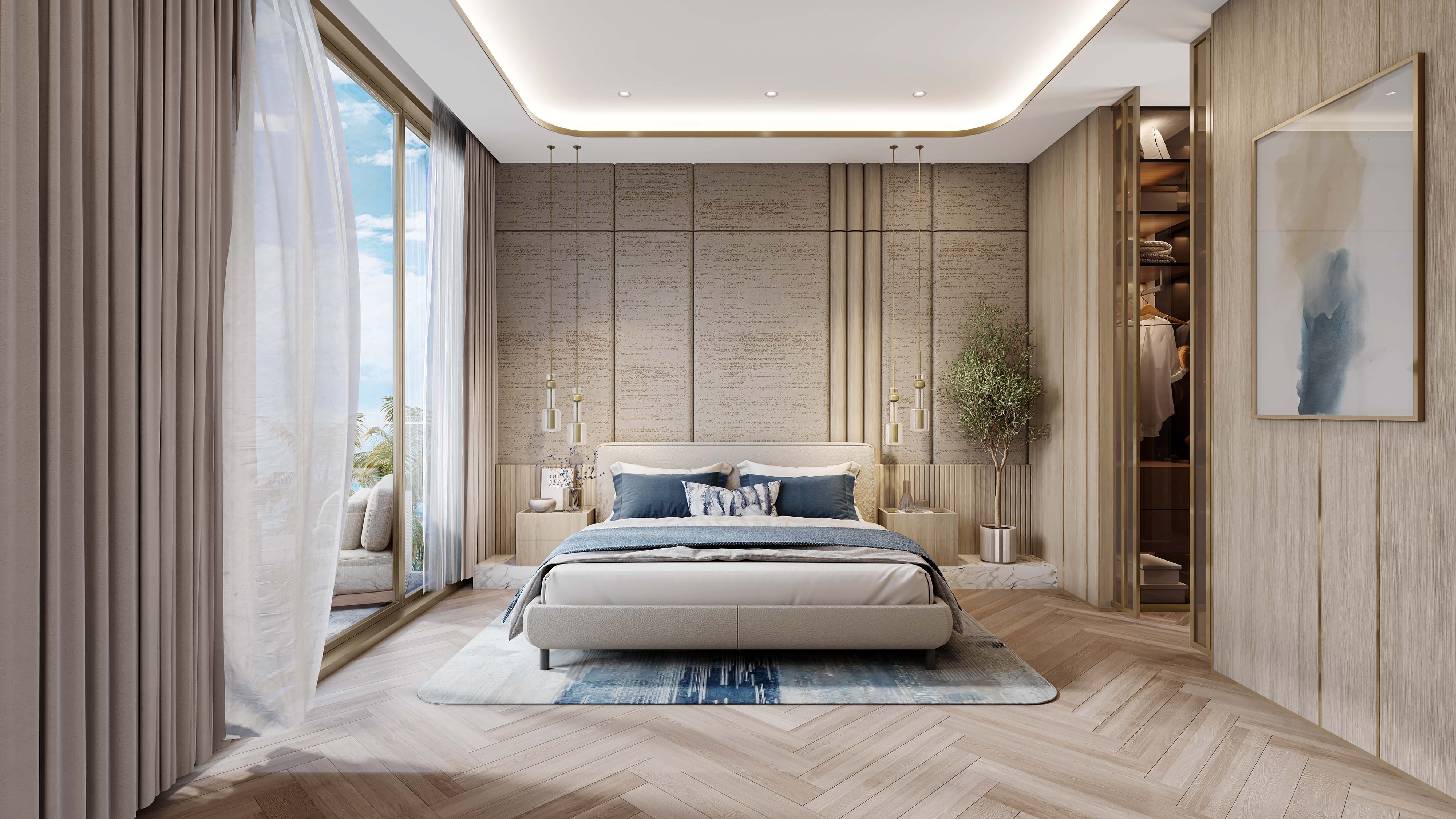Sunset Bay 3 By Imtiaz A modern bedroom featuring a bed with blue pillows, wooden accents, large windows, and elegant decor.